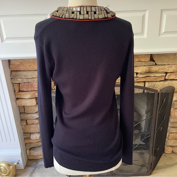 Tory Burch navy 100% wool cardigan with jeweled collar size small - Picture 5 of 9